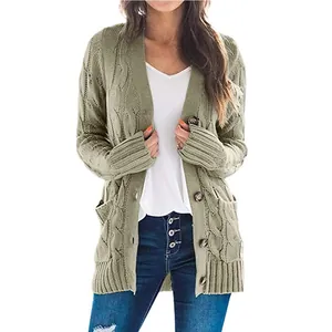 Casual women's olive green mid-length cable knit cardigan sweater with buttons and pockets