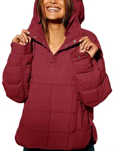 Stylish women's wine red quilted puffer hoodie pullover with snap buttons and curved hem