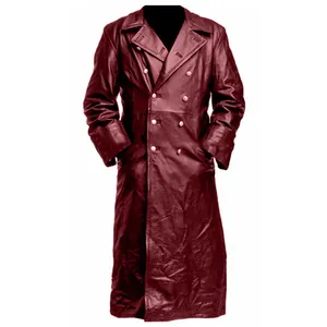 Frontal detail showing the double-breasted design of a vintage burgundy leather trench coat