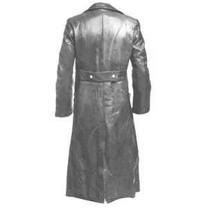 Detailed back view of a retro men's long leather trench coat with medieval style waist belt