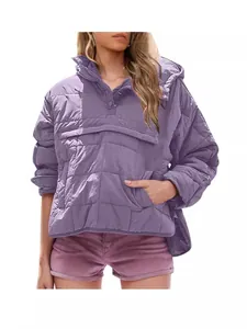 Trendy women's purple quilted hooded pullover jacket with round hem and front pocket