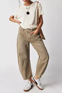 Classic women's mid-low waist washed khaki jeans with wide leg fit for casual style