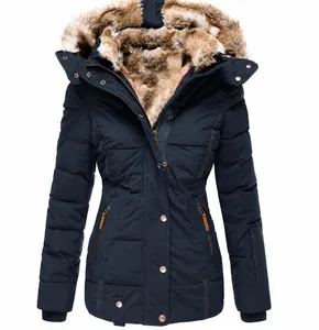 Front view of navy blue winter padded jacket featuring a thick faux fur lined hood