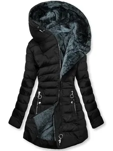 Detail of women's slim-fit winter puffer jacket with grey faux fur lined hood