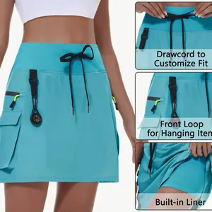 Jupe-Short de Randonnée Cargo à Séchage Rapide pour Femmes Taille Haute Cordon de Serrage Jupe de Sport avec Poches Doublure Intégrée