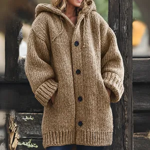 Women Mid-length Hooded Knit Cardigan Sweater Loose Single Breasted Buttons Long Sleeve Solid Color Warm Outerwear Top