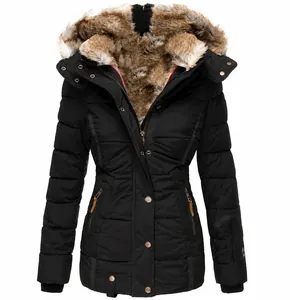 Front view of a slim-fit black winter parka with a plush faux fur hood.