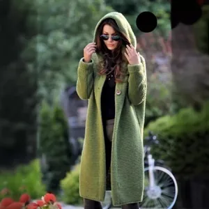 Langer grüner Strickcardigan mit Kapuze für Damen in Übergröße für Herbst und Winter