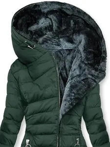 Close-up of women's green puffer jacket showing soft faux fur lining in hood