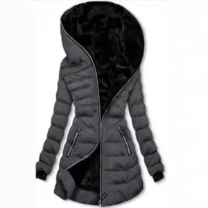 Women's slim fit hooded winter jacket with black faux fur lining in elegant dark grey