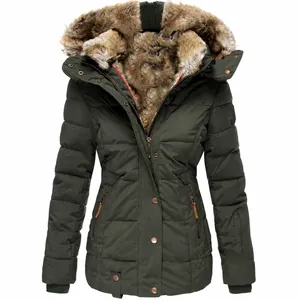 Women's slim fit winter jacket in army green with faux fur hood and zipper pockets