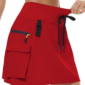 Jupe de randonnée rouge à taille haute pour femme avec poches zippées et cordon