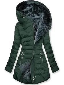 Women's slim fit hooded winter puffer jacket featuring a warm grey faux fur lining and pockets.