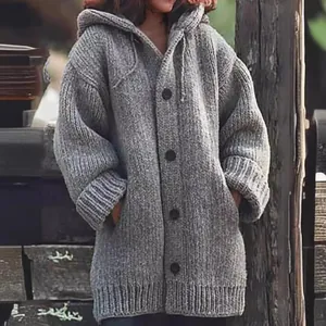 Oversized gray chunky knitted hooded cardigan sweater for women, casual autumn winter style