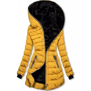 Women's yellow hooded winter coat with black fleece lining and silver zippers