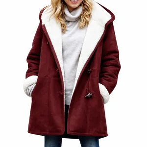 Elegant women's red winter jacket featuring warm white fleece lining and toggle buttons