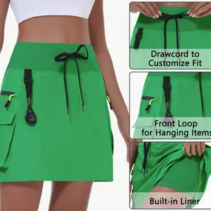 Jupe-short de randonnée verte pour femme avec short intégré et boucle avant