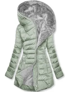 Women's sage green winter hooded puffer coat with faux fur lining and slim fit design.
