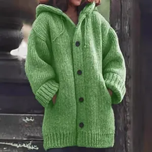 Women's oversized green mid-length hooded knitted cardigan sweater with chunky knit texture