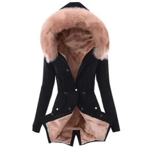 Women's slim black parka jacket featuring large pink faux fur hood and warm fleece lining