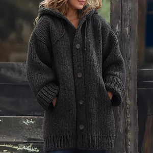 Elegant women's mid-length chunky knit cardigan hooded sweater jacket in solid black.