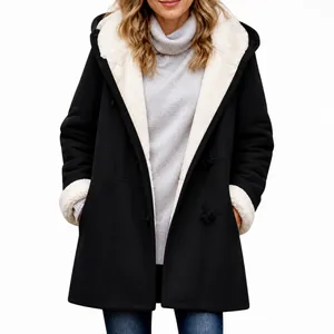 Cozy women's black hooded winter jacket featuring warm white plush lining and pockets