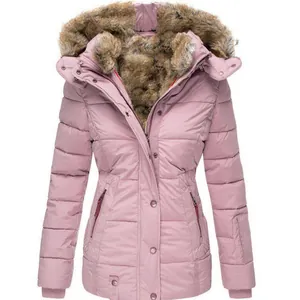 Stylish women's warm winter puffer jacket featuring a plush faux fur hood in a soft pink hue