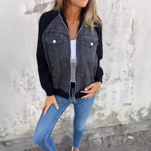 Giacca in denim casual da donna con maniche in maglia nera e chiusura a zip
