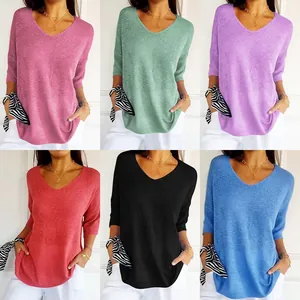 Women Casual Cotton Blend Knitwear V Neck Long Sleeve Sweater Solid Color Basic Loose Fit Pullover Top For Daily Commute