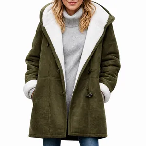 Women Hooded Toggle Coat Fleece Lined Long Sleeve Warm Jacket Solid Color Winter Outerwear Casual Top