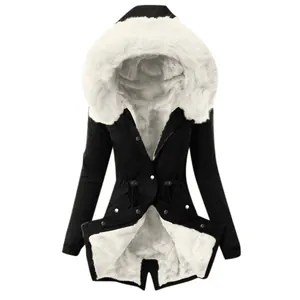 Detail view of women's fleece-lined parka featuring a large white faux fur collar and hood