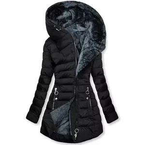 Abrigo Acolchado de Algodón Romano para Mujer Chaqueta con Capucha Forrada de Felpa con Pelo de Conejo Cremallera Diagonal Parka Cálida