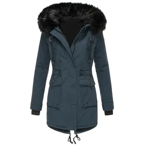 Front view of navy blue winter parka featuring black faux fur hood and drawstrings.