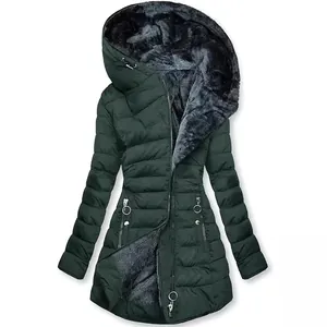 Chaqueta de invierno entallada para mujer verde oscuro con capucha y forro de pelo