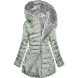 Chaqueta acolchada de invierno verde salvia para mujer con forro de piel sintética gris