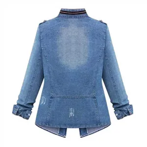 Back view of a blue denim jacket with distressed details and striped stand collar.