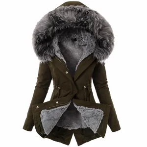 Premium women's slim-fit olive green winter parka coat featuring oversized grey faux fur hood