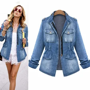 Women Casual Long Sleeve Denim Jacket With Drawstring Waist And Multi Pockets Distressed Washed Cotton Street Style Outerwear Top