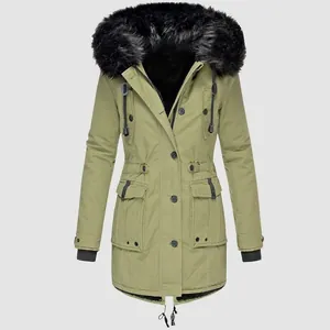 Front view detail of women's olive green winter parka featuring a black faux fur collar