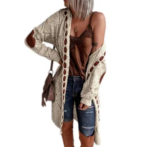 Boho γυναικεία πλεκτή ζακέτα με μακριά μανίκια και διακοσμητικά μπαλώματα αγκώνα