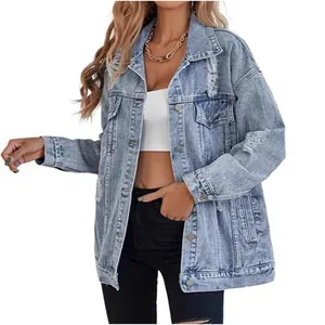 Giacca di Jeans Oversize da Donna Distressed Ripped Stile Boyfriend Manica Lunga Cappotto in Jeans Vintage Capispalla Donna