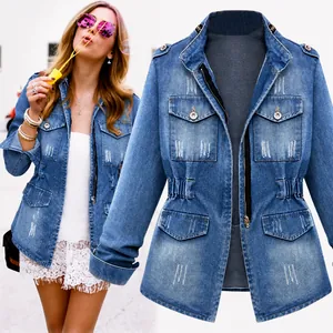 Women's blue denim jacket with waist drawstring and pockets in a plus size casual style.
