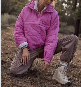 Women's pink quilted hooded puffer pullover jacket perfect for outdoor hiking and casual wear