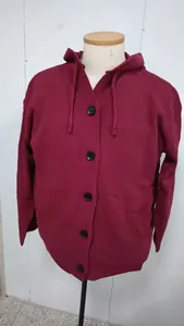 Women's burgundy hooded knitted cardigan sweater with front buttons for autumn winter.