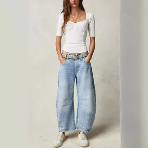 Jeans en Denim Taille Mi-Basse pour Femmes Coupe Large Style Street Vintage Américain Pantalon en Coton Décontracté