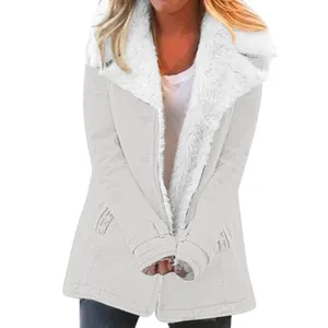 Stylish women's mid-length winter coat featuring a cozy white plush lapel in light grey solid color