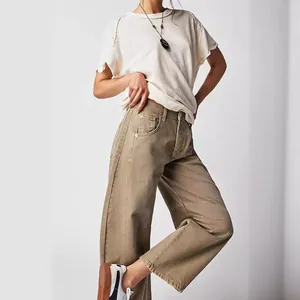 Jean large tendance pour femme taille mi-basse délavé couleur kaki olive vintage