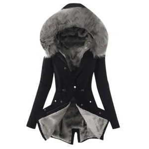 Slim-fit women's winter coat with large grey faux fur hood and plush lining