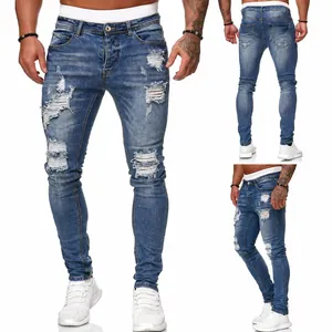 Professional studio shot of men's blue ripped skinny jeans showing front, back and side views