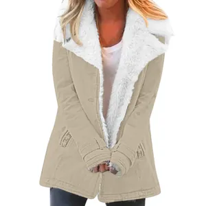 Women's stylish khaki mid-length winter coat featuring a soft white fleece lapel collar